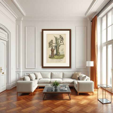 Old Print of a Red or Asiatic Orangoutan, Javan Silvery Gibbon and Green Monkey, shown framed in a room