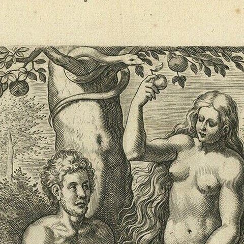 Antique Print of Adam and Eve Eating the Apple from the Tree '1674', close-up 1