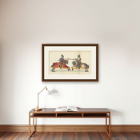 19th-Century Hand-Coloured Knightly Joust: Ornate Armor & Horses in Action, shown framed on a wall