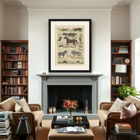 Mammals Print: Horse, Zebra, Anteater & Pangolin, Antique 1867, shown framed in a room