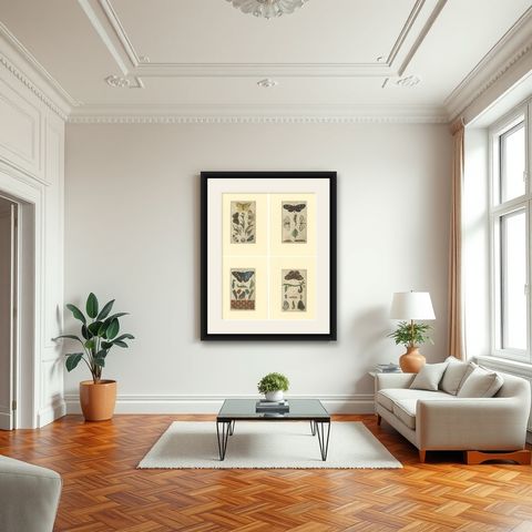 Set of 4 Antique Butterfly Prints Also Showing Caterpillars and Pupae, shown framed in a room