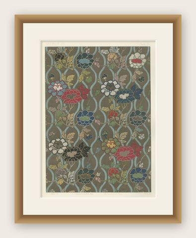 Japanese Floral Textile Pattern Print by G. A. Audsley, Paris, c. 1882, shown framed
