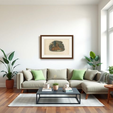 Antique Print of a Hound Dog by Pittman, 'circa 1835', shown framed in a room