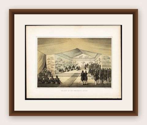 Original Old Print of the American Perry Delegation in Japan by Hawks, 1856, shown framed