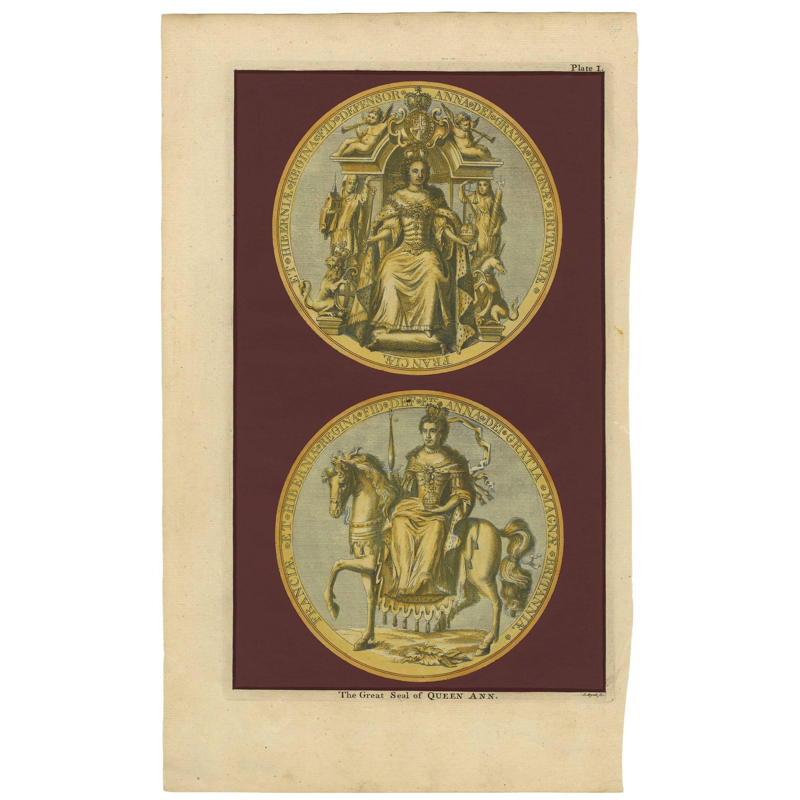 Antique Print of the Great Seal of Queen Anne, Rapin’s History of England 1786