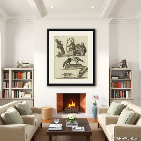 Antique Animal Print of Various Animals Incl a Sloth, Anteater, etc. circa 1800, shown framed in a room