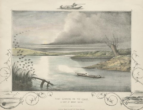 Antique Hunting Print of a shot at Brent Geese, circa 1863, view 3