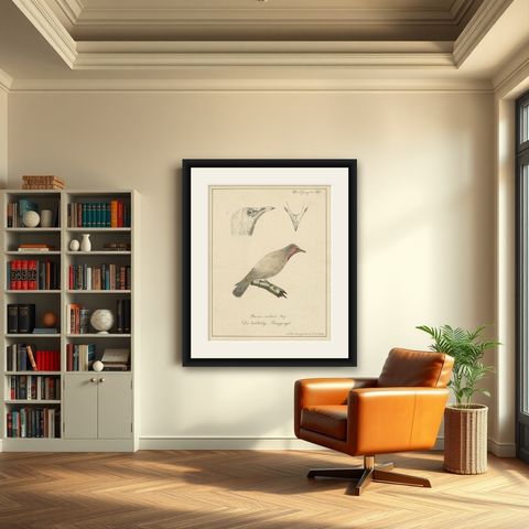The Bald-Like Snapping Bird on a Hand-Colored Lithograph, circa 1820, shown framed in a room