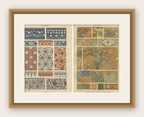 Antique Chinese Decorative Art Prints with Floral and Textile Motifs, 1887, shown framed
