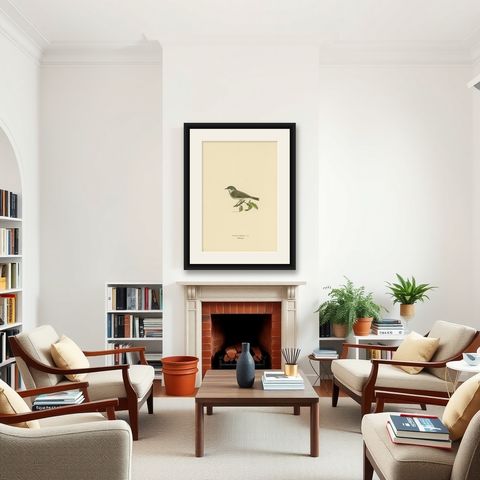 Antique Bird Print of the Lesser Whitethroat by Von Wright '1927', shown framed in a room