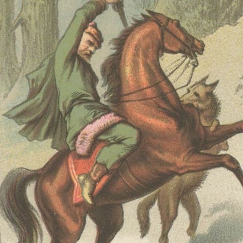 Antique Print of a Man on a Horse Chased by Wolves, close-up 2
