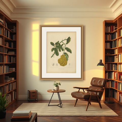 Original Antique Botanical Chromolithograph of Buddha's Hand Citron, c. 1880, shown framed in a room
