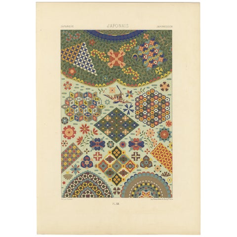 Japanese Ornament Print, Antique Lithograph of Geometric & Floral Patterns 1869