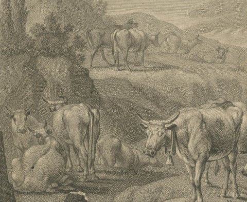 Pastoral Engraving by Johann Jakob Kleinschmidt: Shepherd, Cattle, and Ruins, close-up 3