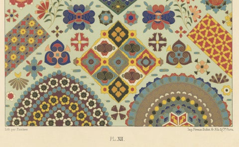 Japanese Ornament Print, Antique Lithograph of Geometric & Floral Patterns 1869, close-up 2