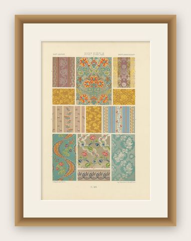 18th Century French Textile Patterns, Floral and Striped Rococo Fabrics, 1869, shown framed