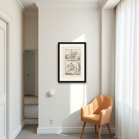 Antique Horse Riding Print - l'Amble - l'Aubin, shown framed in a room
