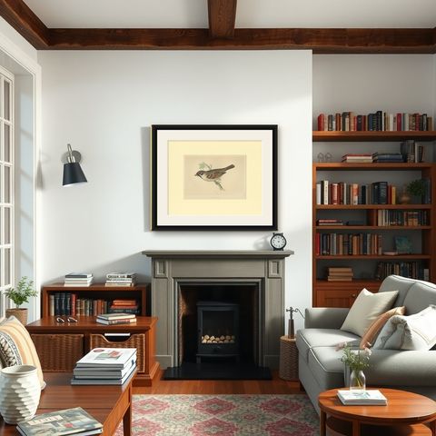 Antique Bird Print of a Tree Sparrow, shown framed in a room