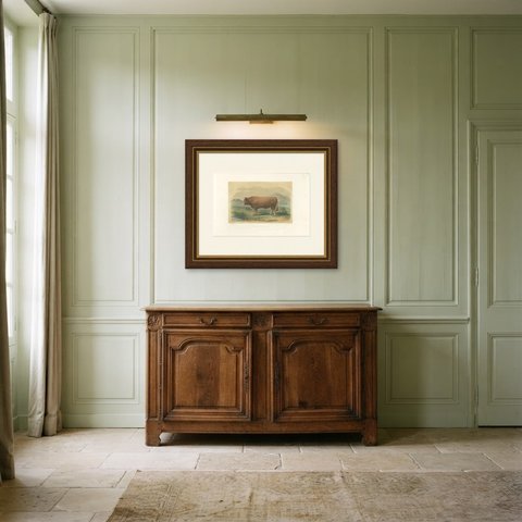 Limousin Bull, Antique French Cattle Print after Melin, 1873, shown framed in a room