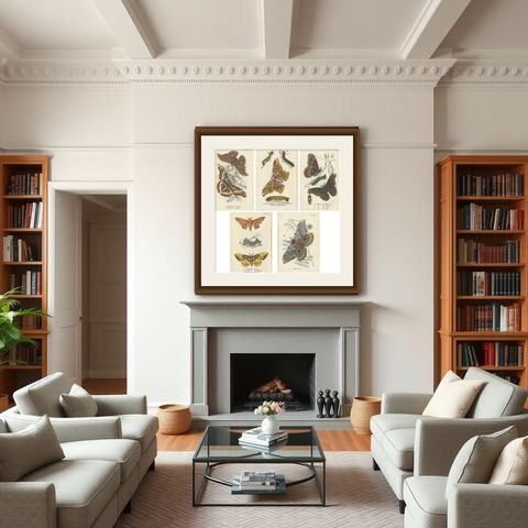 Set of 5 Antique Prints of Various Moths by Lloyd, circa 1897, shown framed in a room
