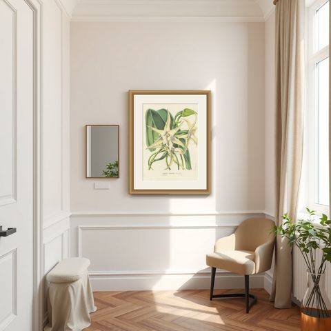 Comet Orchid (Darwin's Orchid): Hand-Colored Lithograph by Louis van Houtte 1855, shown framed in a room