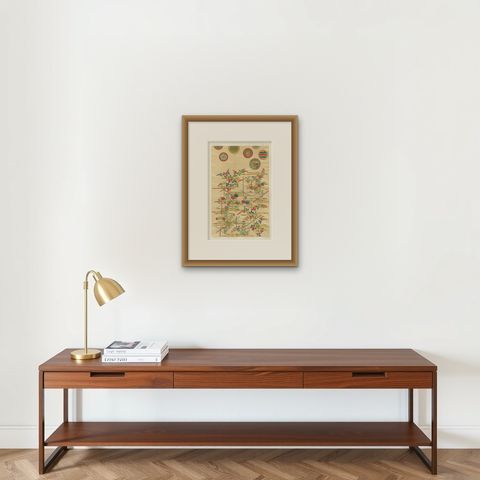 Japanese Floral Motifs on Golden Background: Antique Lithograph, 1880s, shown framed on a wall