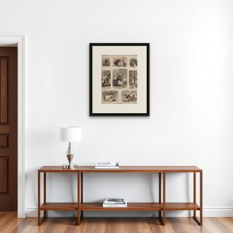 Antique Print of Cats and Dogs, Hand-Colored German Wood Engraving, c.1909, shown framed on a wall