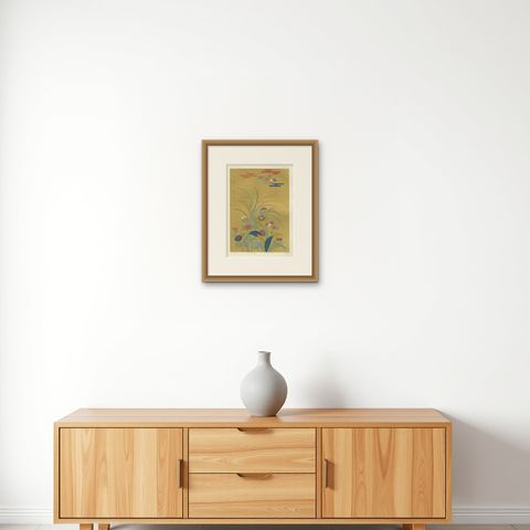 Japanese Floral Meadow on Golden Backdrop: Antique Lithograph, 1880s, shown framed on a wall