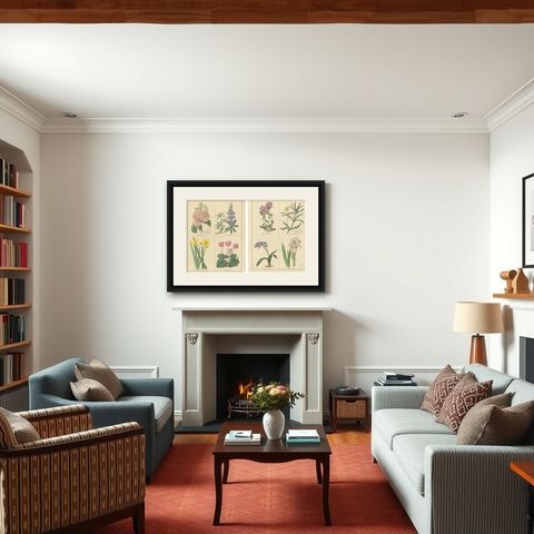 Antique Botanical Prints by B. Maund, Hand-Colored Pair, London c.1836, shown framed in a room