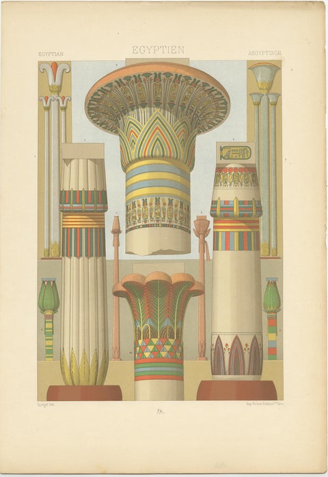 Pl. 2 Print of Egyptian Columns with Plant Motifs by Racinet 'circa 1890', view 2