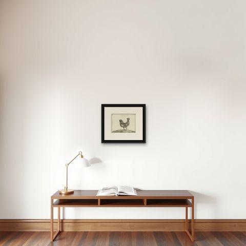 Antique Bird Print of a Numidia Hen by Fessard, 1819, shown framed on a wall