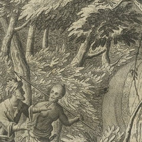 Antique Print of an Army in the Woods., Riding an Elephant in Ceylon, 1726, close-up 2
