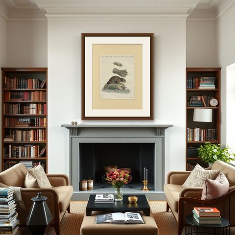Antique Beaver with Webbed Feet Engraving, Bertuch, c. 1792, shown framed in a room