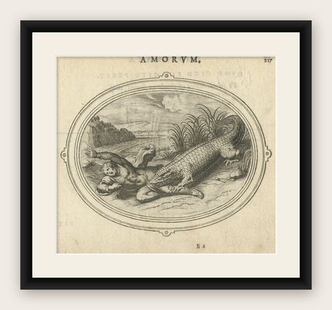 Rare Antique Print of A Cupid being Eaten by A Crocodile, ca. 1608, shown framed