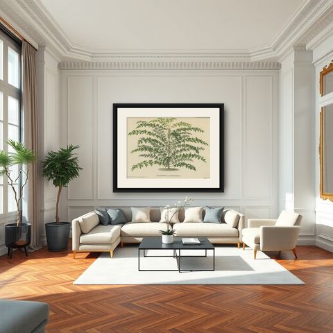 Original Antique Print of a Delarbrea Plant, 1878, shown framed in a room