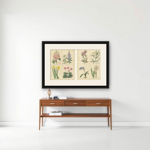 Antique Botanical Prints by B. Maund, Hand-Colored Pair, London c.1836, shown framed on a wall
