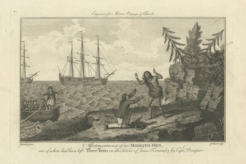 Moskito Men Reunion, Juan Fernandez Island, Dampier Voyage Engraving, ca.1789, close-up 1
