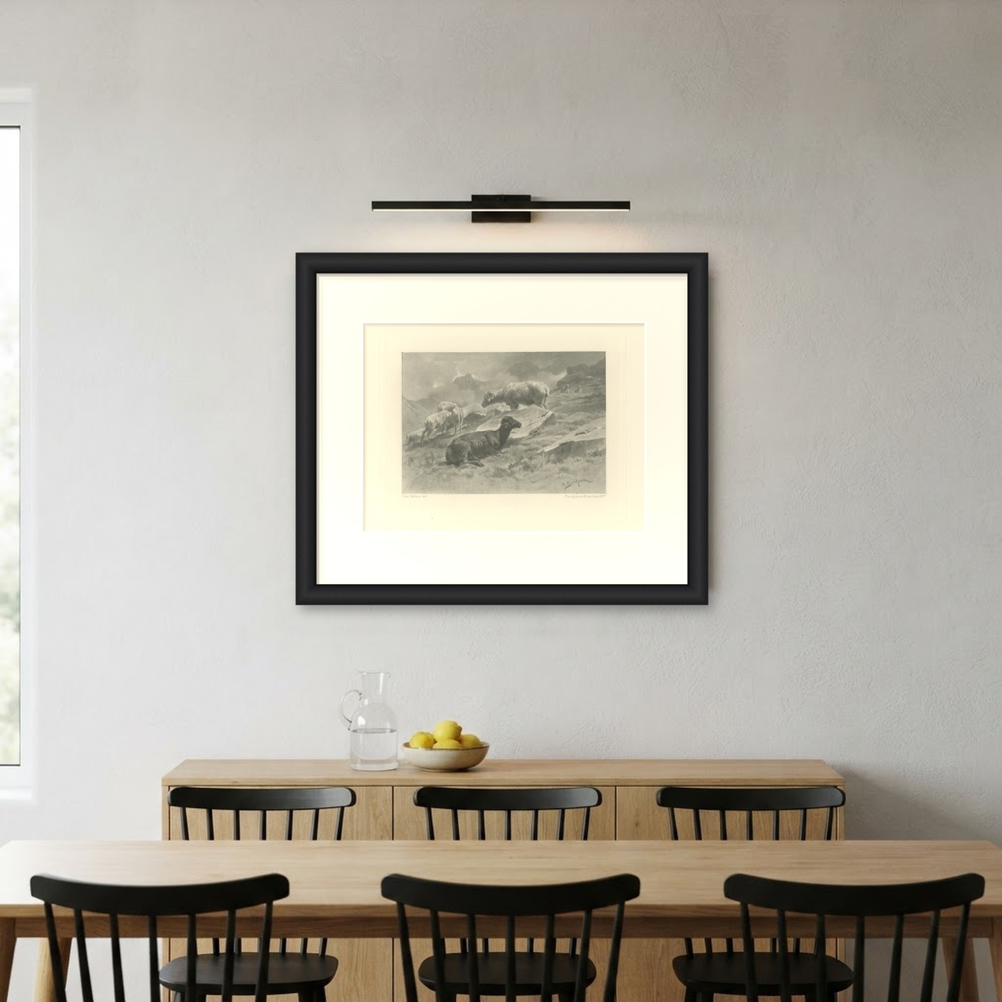 Sheep in a Mountain Landscape after Rosa Bonheur, Photogravure, circa 1880, shown framed on a wall
