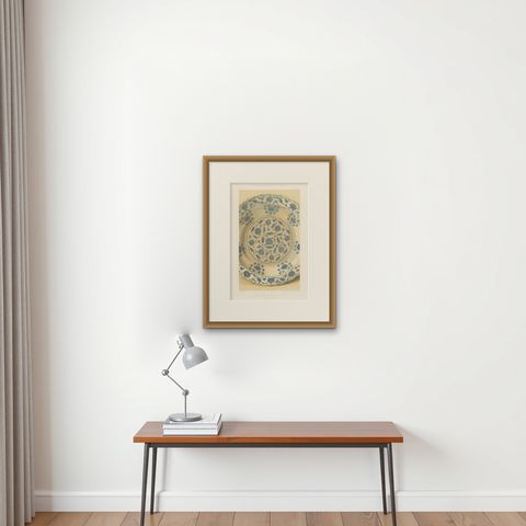 Persian Faience Dish with Blue Floral Ornamentation, J.Lessing, Berlin 1890, shown framed on a wall