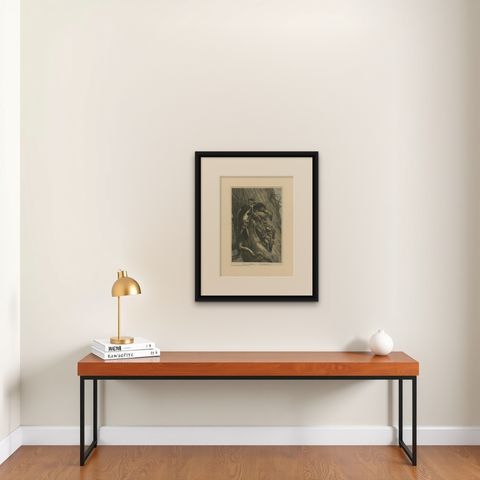 Antique Bird Print of Woodpeckers '1879', shown framed on a wall