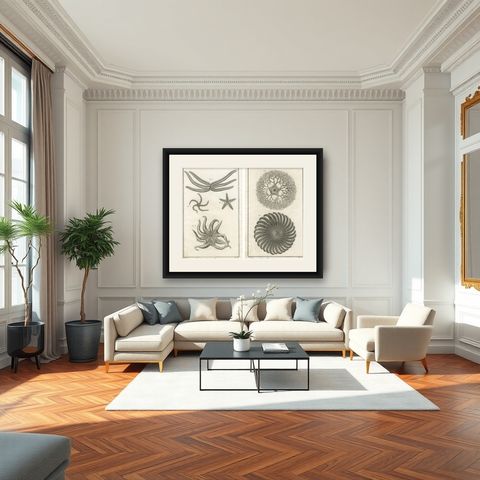 Decorative Antique Marine Prints, Pair of Starfish & Echinoderms, c.1770, shown framed in a room