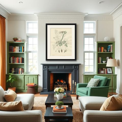 Antique British Botanical Print of River Water-Dropwort, Hand-Colored, c.1902, shown framed in a room