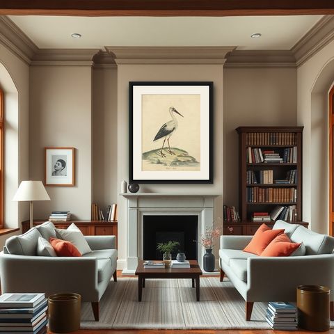 The Elegance of the White Stork Engraved and in Original Hand-Coloring, 1794, shown framed in a room