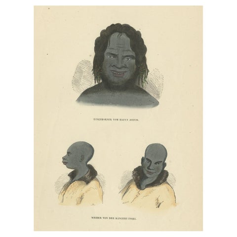 Original Antique Print of Natives from Jervis & Kangaroo Island, Australia, 1845