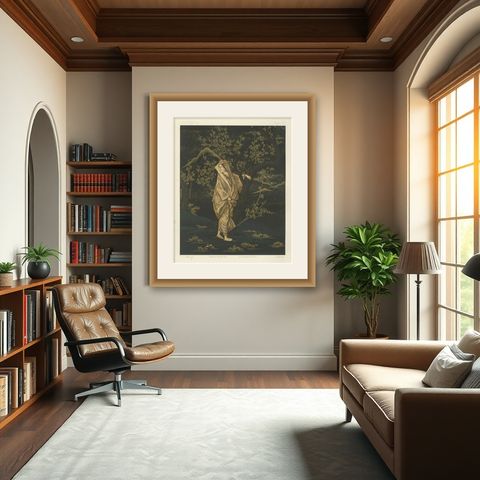 Japanese Woman in Plum Blossom Grove: Antique Lithograph, 1880s, shown framed in a room