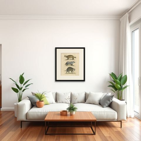 Raccoon, Honey Badger & Wolverine, Brodtmann Lithograph, 1816, shown framed in a room