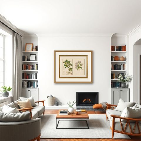 Pair Antique Botanical Lithographs, Sorbus Toringo & Phlox, 1856, shown framed in a room