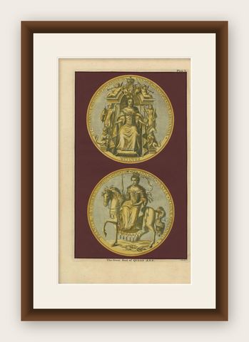 Antique Print of the Great Seal of Queen Anne, Rapin’s History of England 1786, shown framed