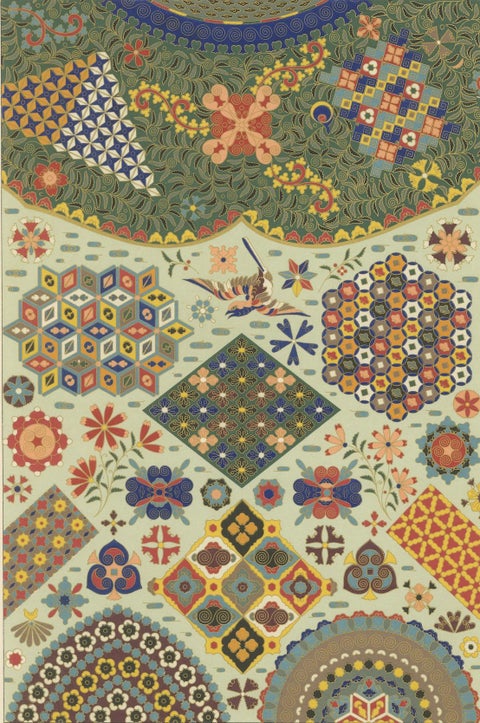 Japanese Ornament Print, Antique Lithograph of Geometric & Floral Patterns 1869, close-up 5