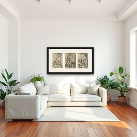 Set of 3 Antique Prints of Mythological Scenes on Lemon Varieties by Ferrari, shown framed in a room